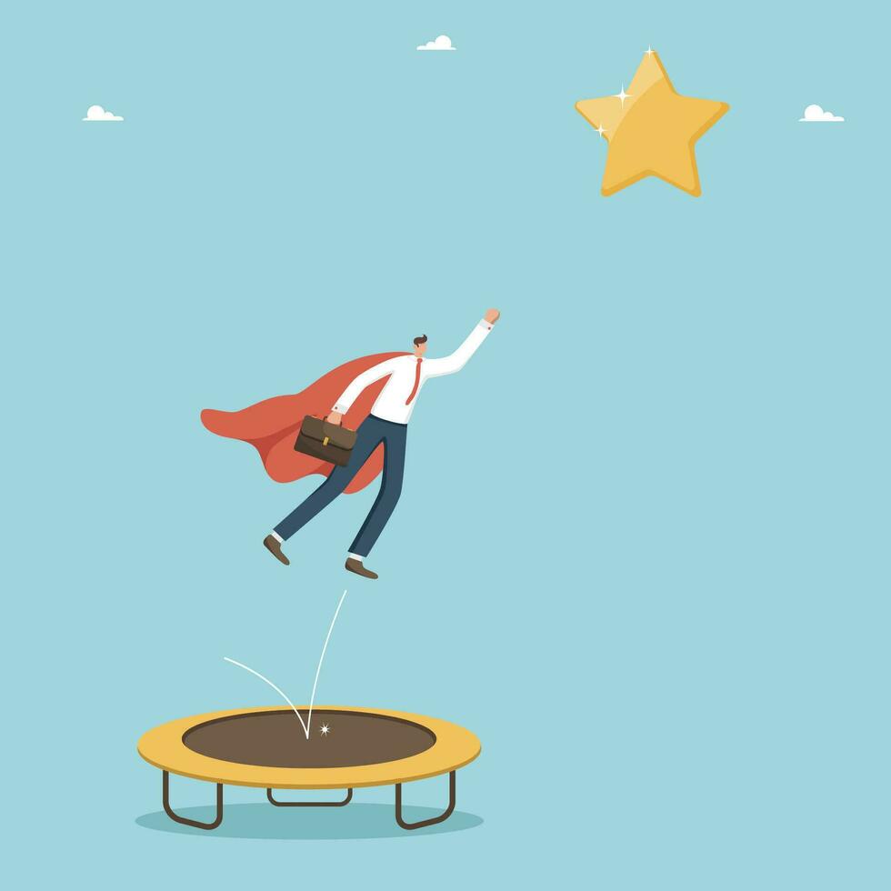Motivation to achieve a high result in work or study, use new opportunities to achieve goals, desire to move up the career ladder and receive awards, man on a trampoline jumps to the star. vector