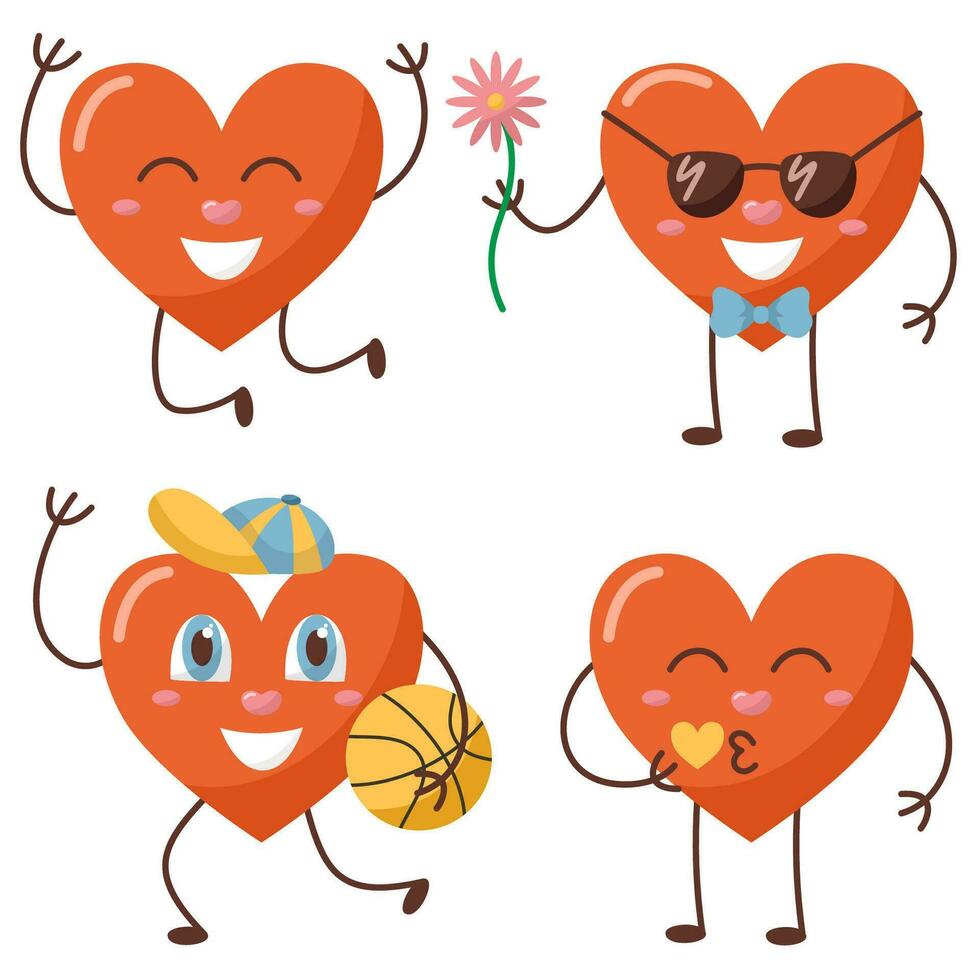 Cartoon cute heart characters in retro style. Set of stickers and badges of hearts. Heart-man with flower, heart boy with ball, happy heart, heart gives a kiss. Love concept. Happy Valentines day. vector