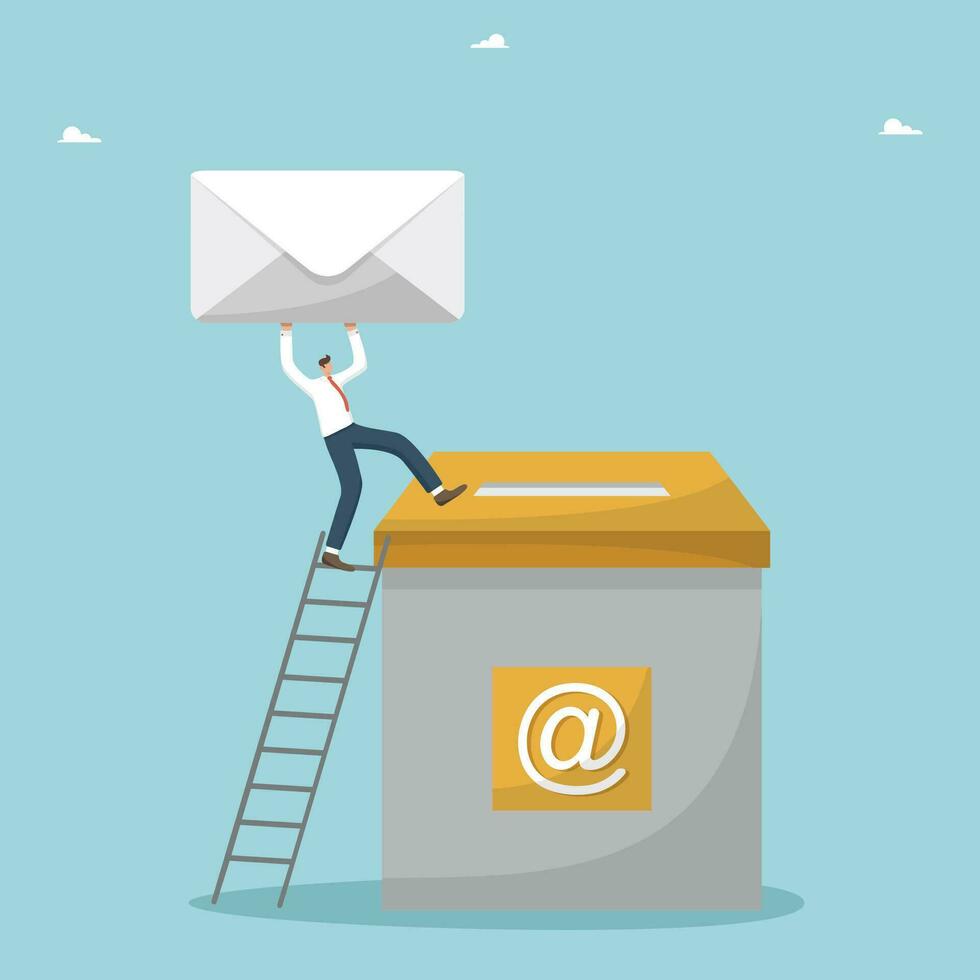 Communication by e-mail, working business correspondence of company employees, information concept, sending messages, targeting and promotion through mailing, man throws envelope into a large mailbox. vector