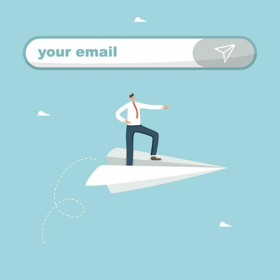 Communication by e-mail, sending emails and letters, working business correspondence of company employees, targeting and information concept, man flies on paper plane next to the message sending line. vector