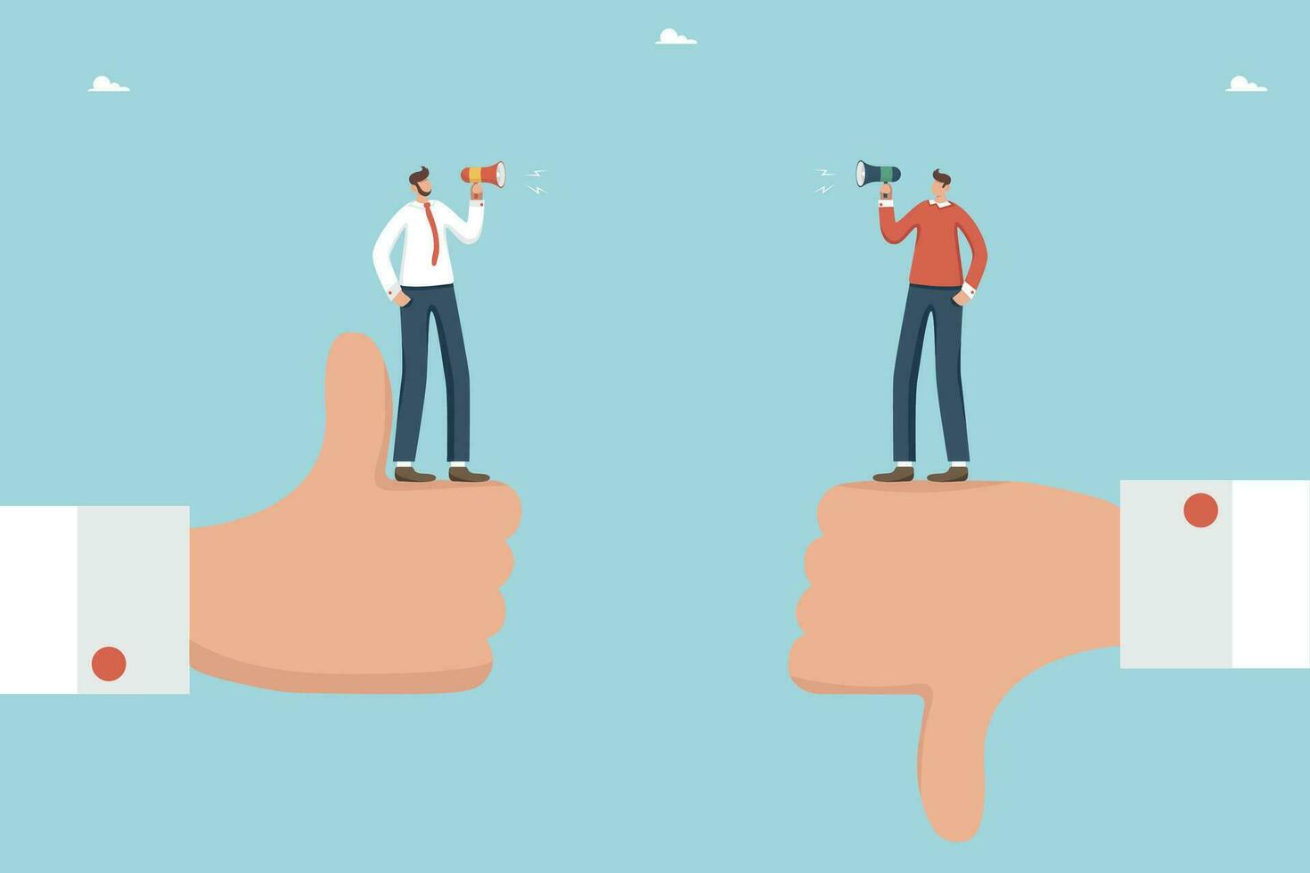Contradictions in decision making, pros and cons of strategy to achieve target, disagreements in the process of work, positive and negative feedback, men arguing on big hands showing like and dislike. vector