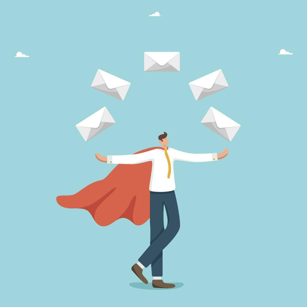 Email management, mail targeting and promotion, email processing, information prioritization or categorization, email communication and message sending, business correspondence, man juggling envelopes vector