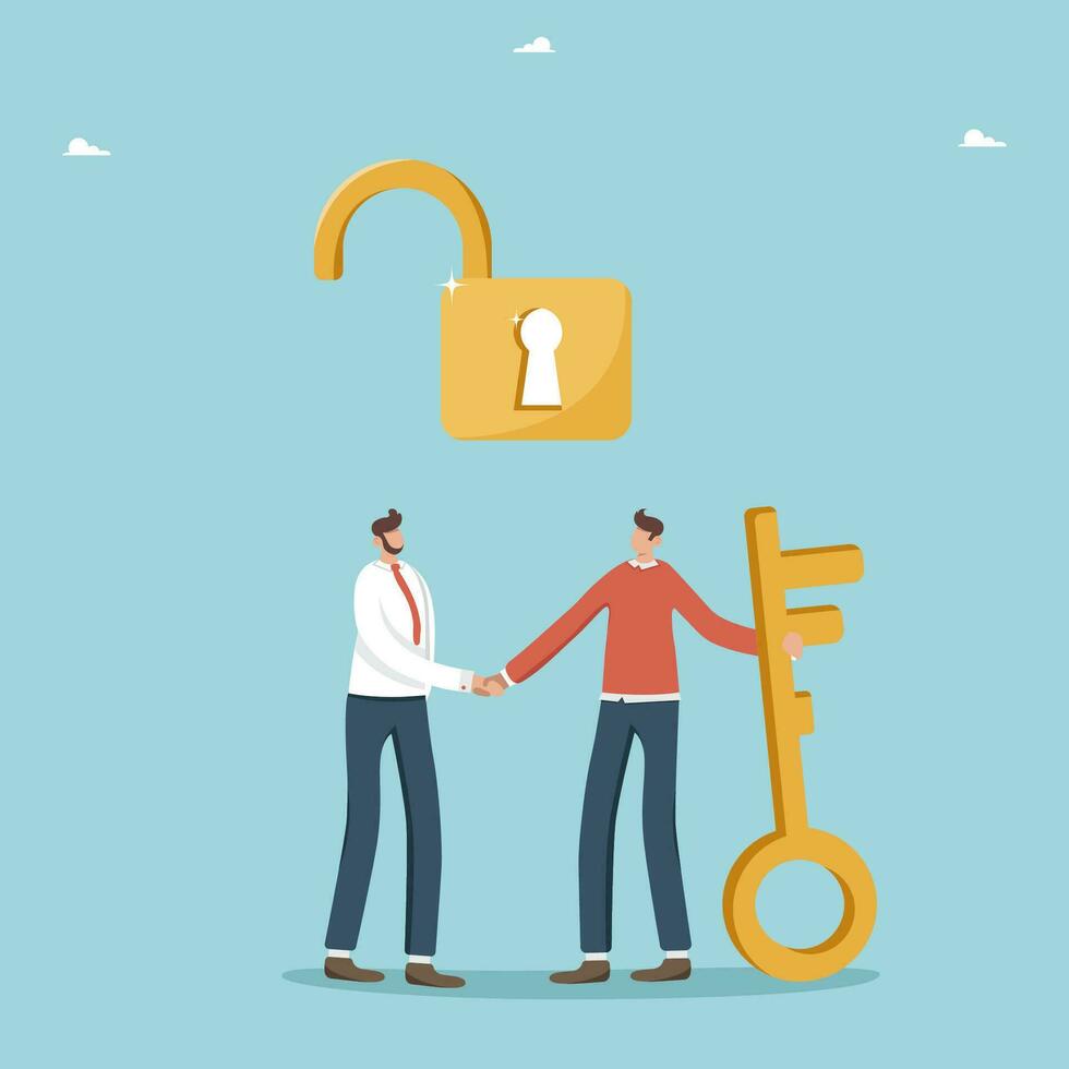 Find secret key or method to achieve highest result in work, teamwork and brainstorming for great success, cooperation and mutual assistance for great success, men shaking hands under an open lock. vector