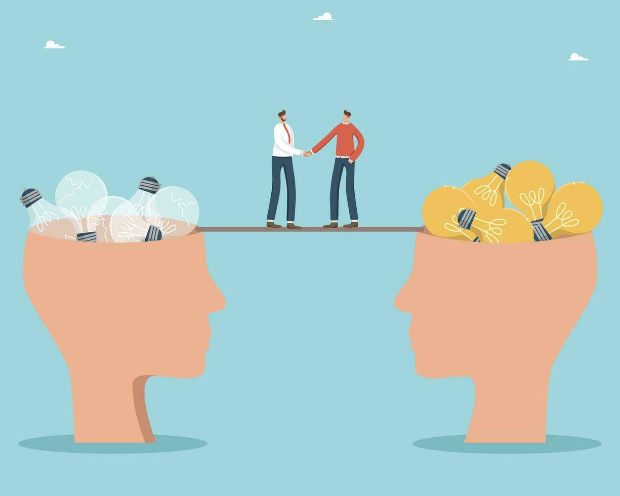 Teamwork to successful business ideas, strategic planning and brainstorming in achieving common goals, partnership in search for new opportunities, men shaking hands between heads with light bulbs. vector