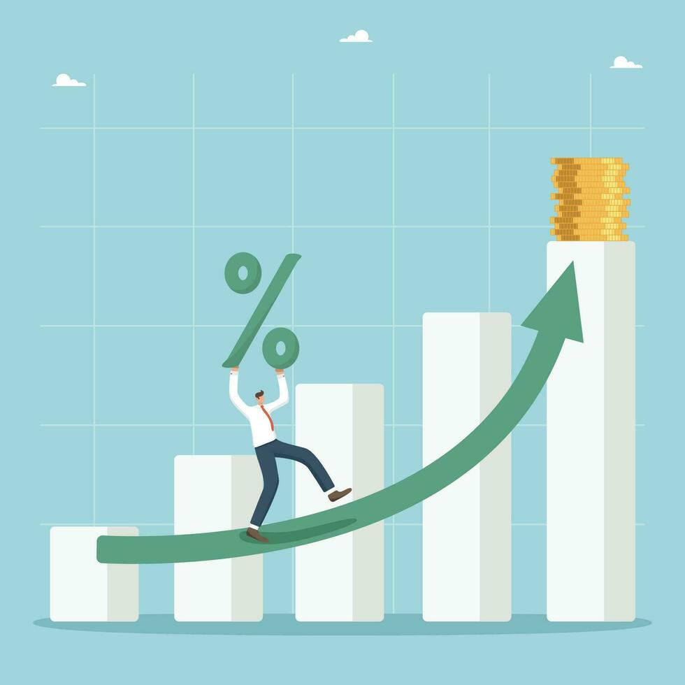 Investment and financial growth, increase in the interest rate on deposit, improvement in the economy and GDP growth, increase in wages and savings, man carries percent on the arrow of growing graph. vector