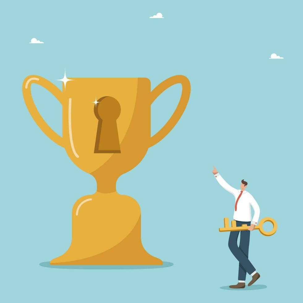 Concept of victory, to find secret key or method to achieve highest result in work or study, winning strategy for defeating competitor, great success, man with golden key near winner cup with keyhole. vector
