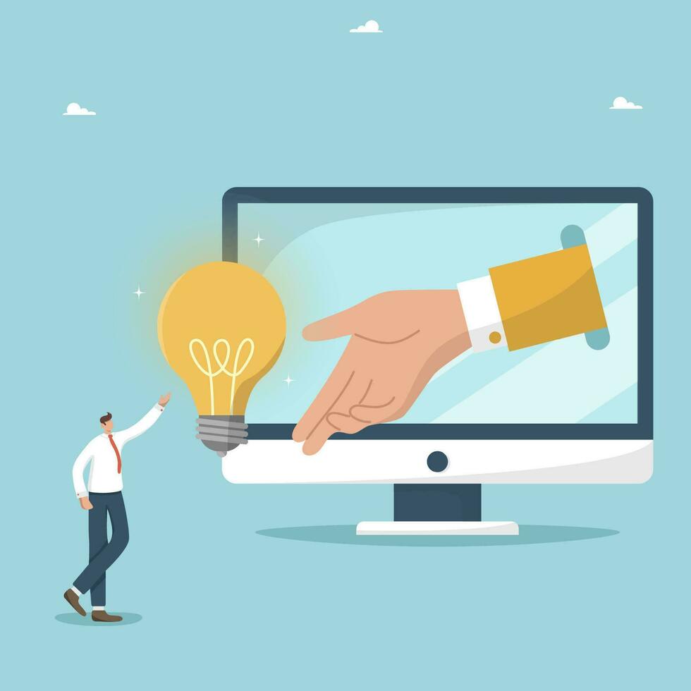 Mutual assistance and teamwork to create new business ideas for great success, creativity on way to new opportunities, brainstorming for innovation, hand from computer monitor gives light bulb to man. vector