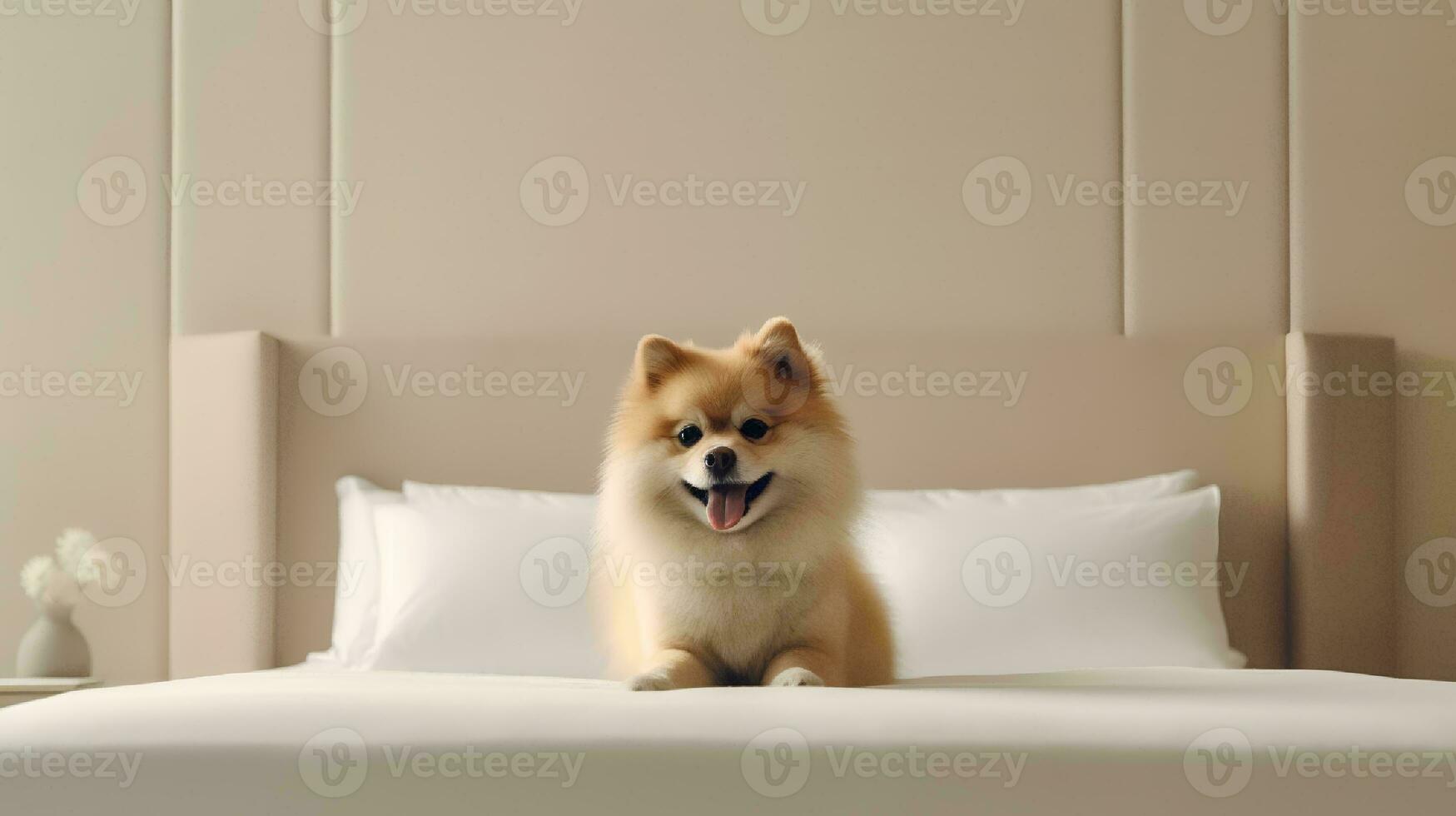 Pomeranian dog lying on bed in hotel with contemporary interior design. Generative AI photo