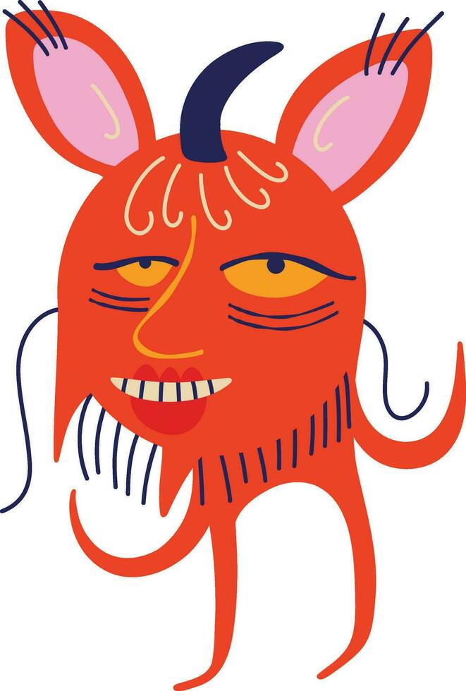 Vibrant Funny funky Strange lovely Halloween Demon. Character with devil face. vector