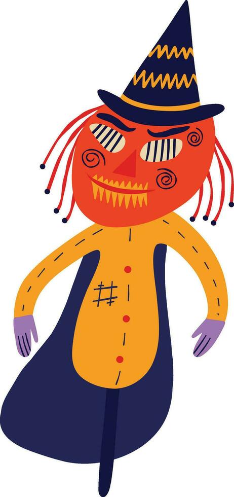 Funny Garden Scarecrow for Halloween. Strange ugly Halloween character. Cute bizarre comic characters in modern flat hand drawn style vector