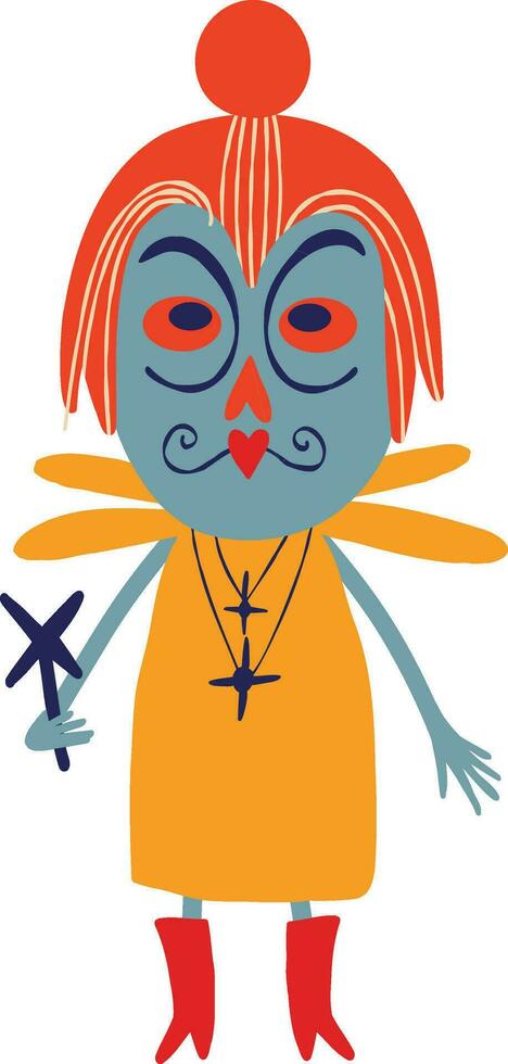 Ghost Fairy with a magic wand. Vibrant bright Strange ugly Halloween characters. vector