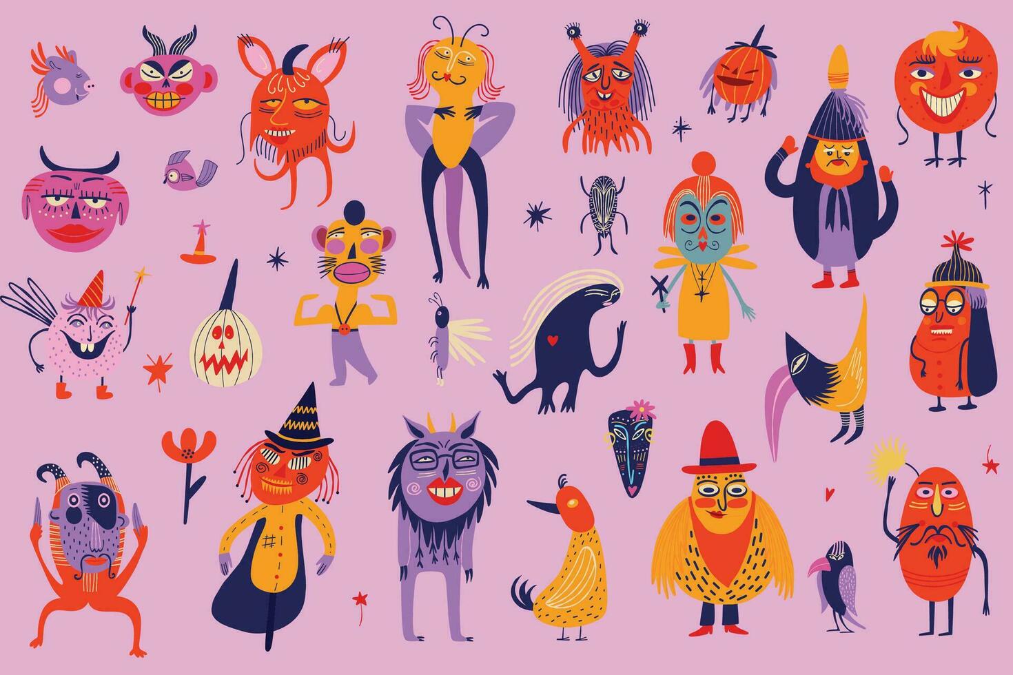 Vibrant Strange ugly Halloween characters. Cute bizarre comic characters in modern flat hand drawn style vector