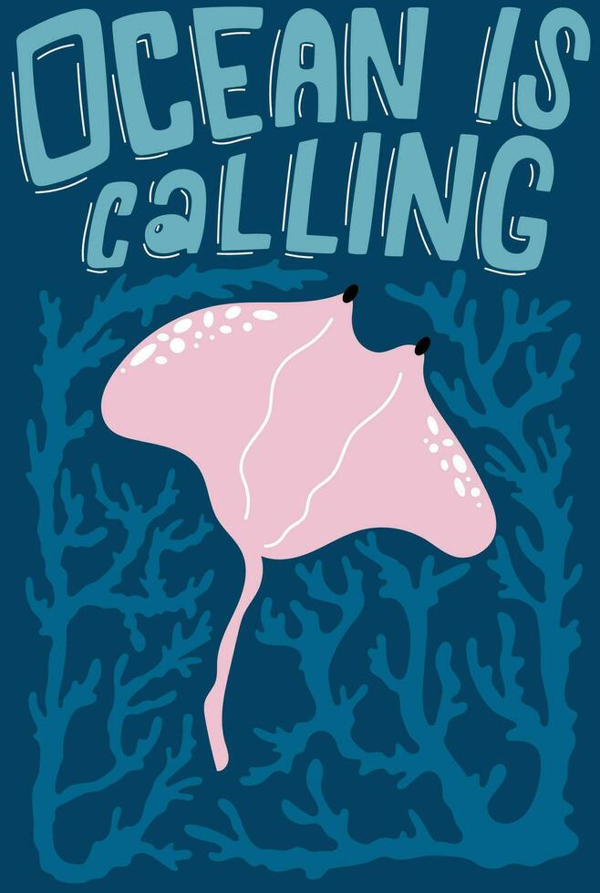 Ocean is calling elegant handdrawn poster with corals and ramp. vector