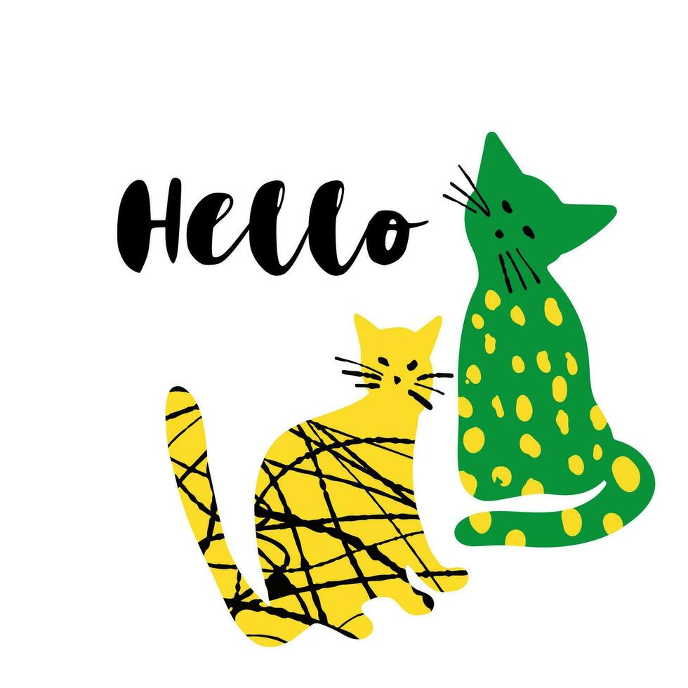 Cute bright textural cats illustration in green and yellow color iasolated on white with text Hello vector