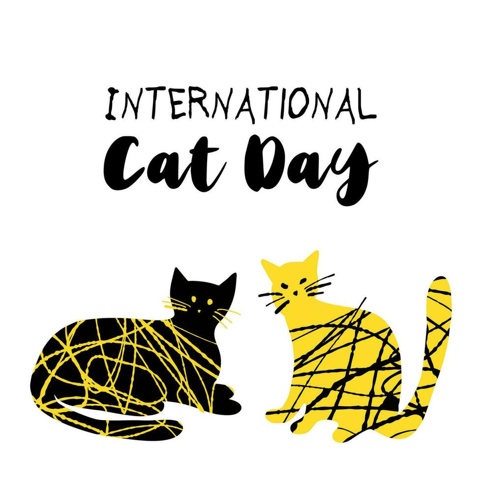 International Cat Day illustration with textured cute cats in yellow black color vector