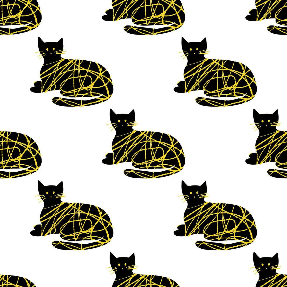 Seamless pattern with textured cute cat illustration black and yellow color on white background vector