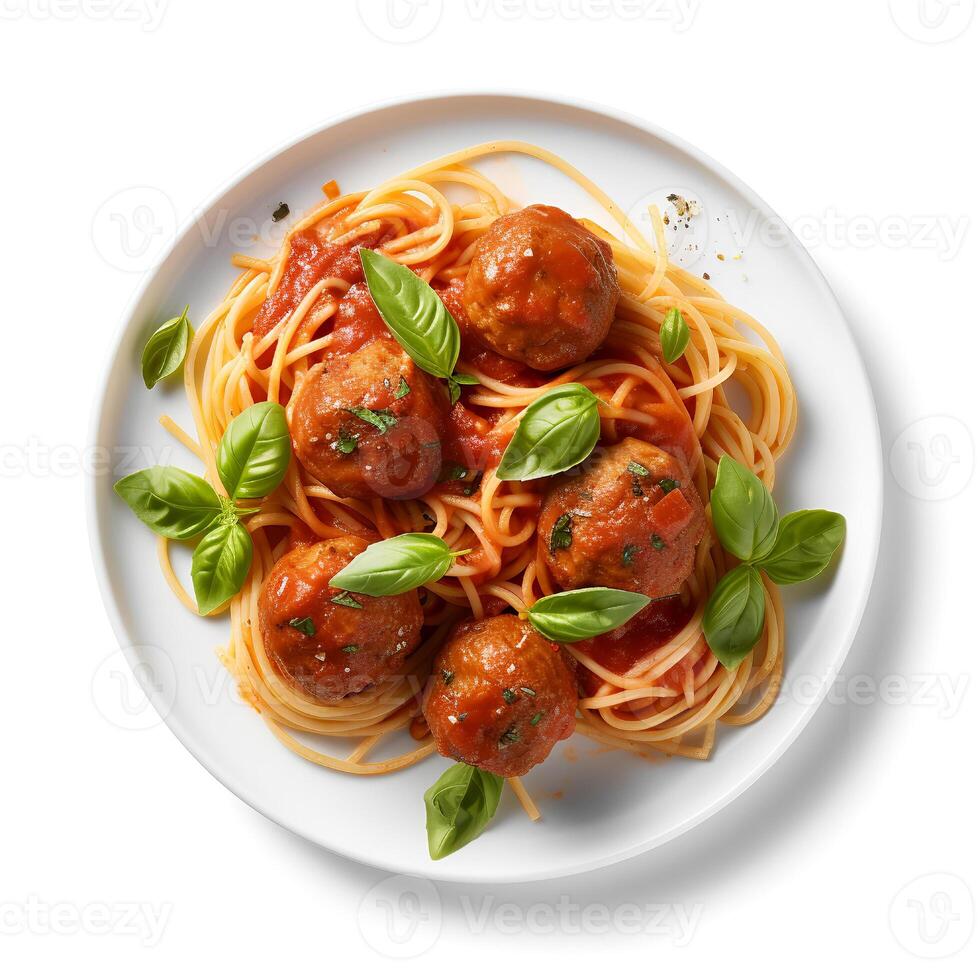 Food photography of Spaghetti with Meatballs on plate isolated on white background. Generative AI photo