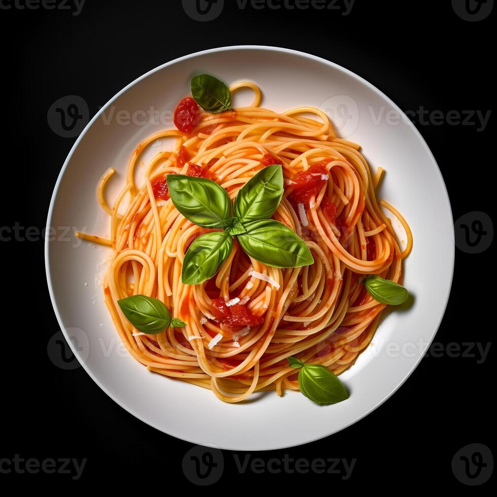 comida fotografía de espaguetis en plato aislado en negro antecedentes. generativo ai foto