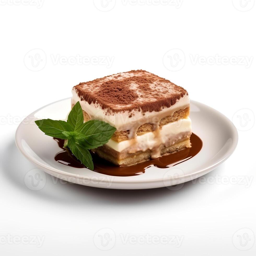 Food photography of Tiramisu on plate isolated on white background. photo