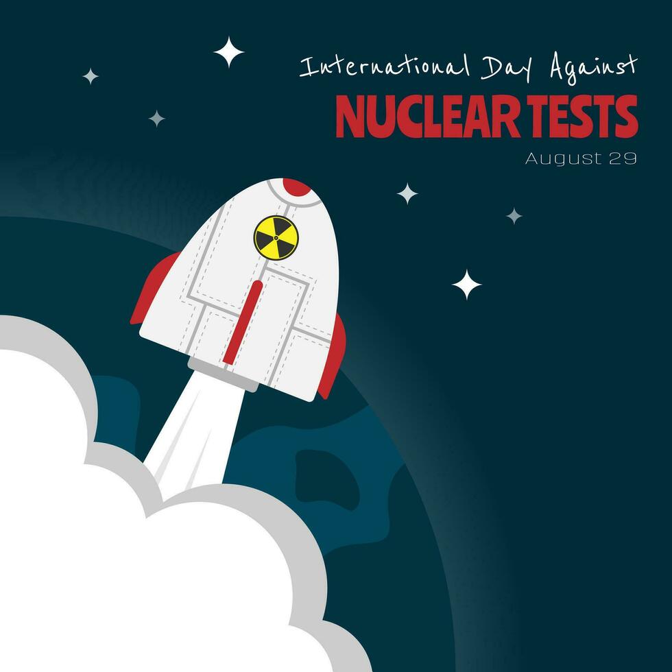 International Day Against Nuclear Tests greetings with a cute bomb launches vector