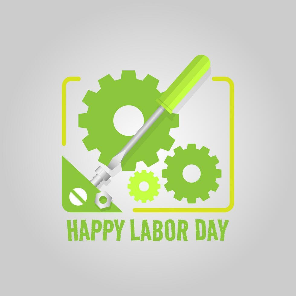 contento labor día logo con destornillador y engranaje vector