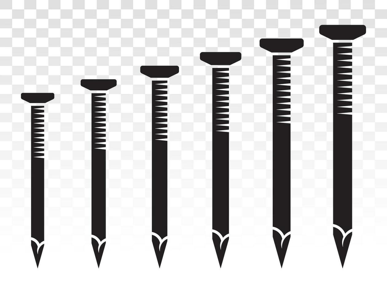 Set of wood fasteners nails or concrete nails flat vector icon for apps and websites