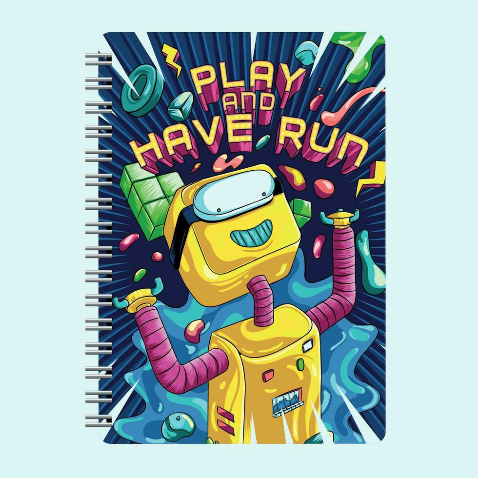 vectorized illustration for a notebook of a golden robot with vr glasses in an undo comic style, saturated colors vector