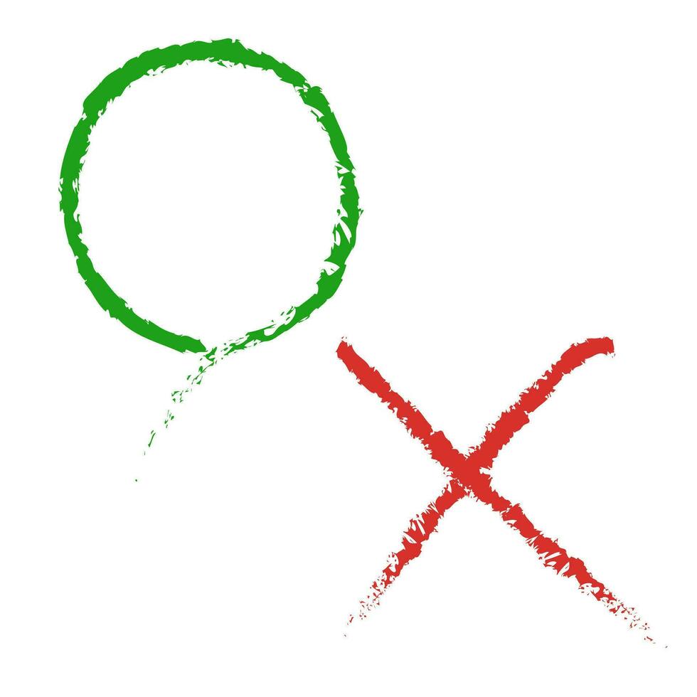Circle and cross icon drawn with a brush. Correct and incorrect answer. Vector. vector