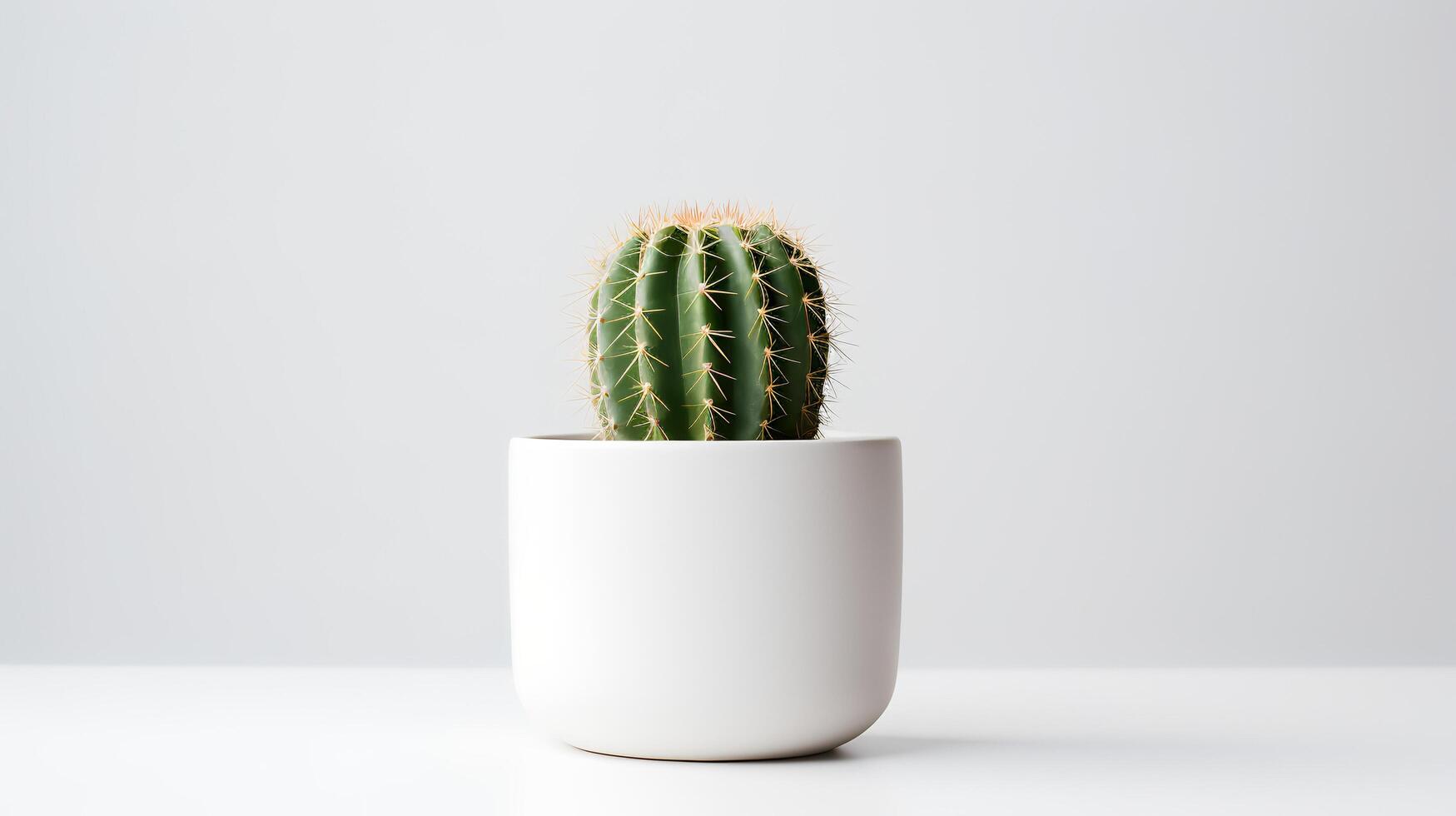 Photo of cactus in minimalist pot as houseplant for home decoration isolated on white background.