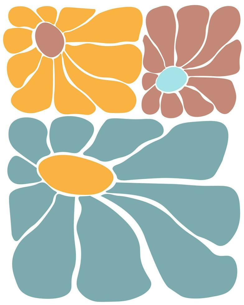 Abstract poster with flowers. Contemporary daisies with simple geometric petals. Summer natural print. Vector graphics.