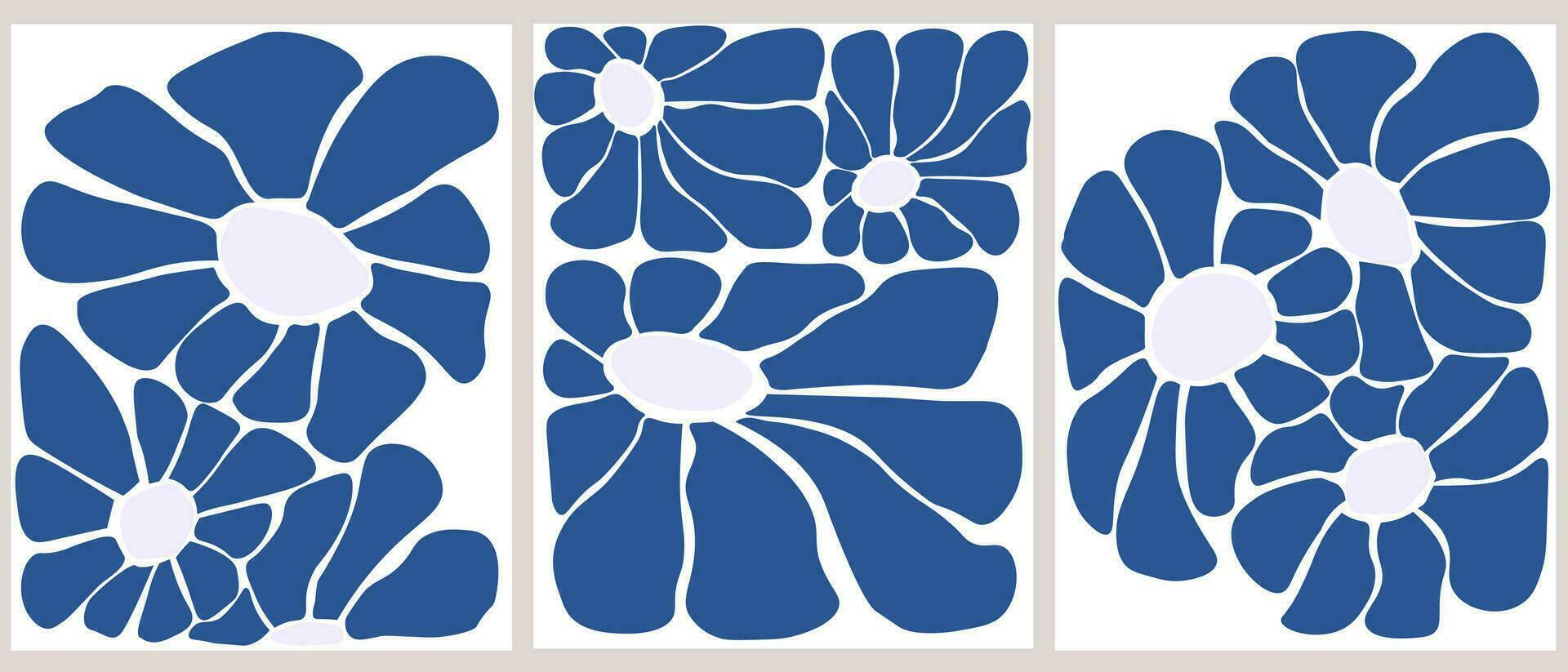 A set of posters with abstract silhouettes of chamomile flowers. Geometric plant pattern. Vector graphics.