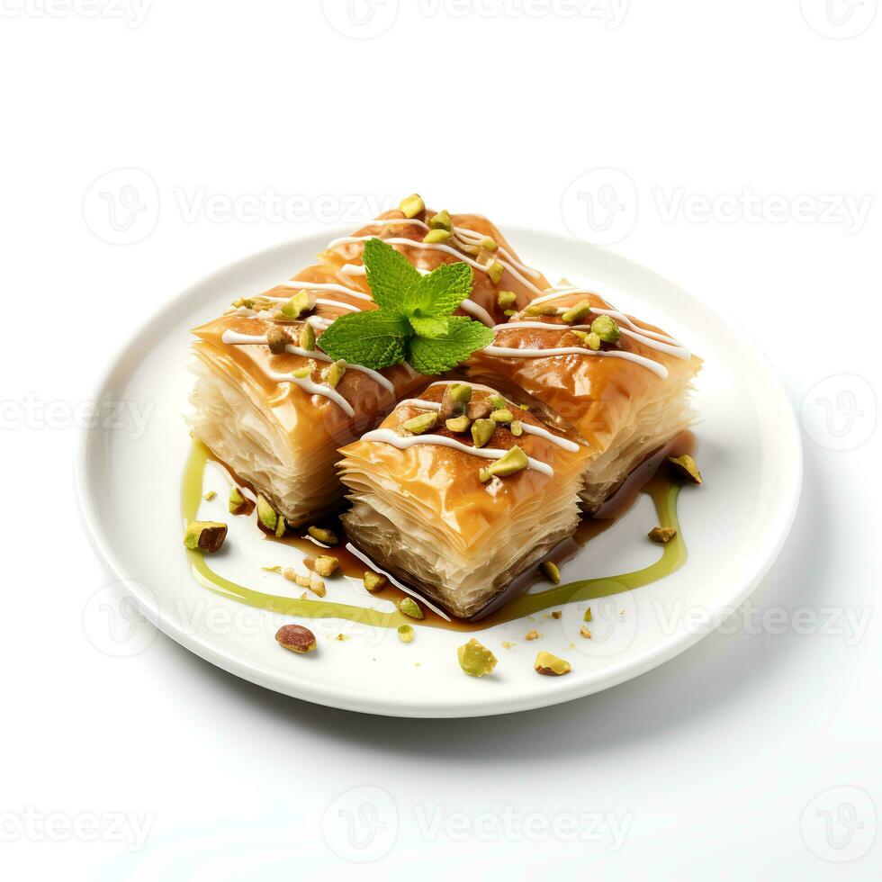 Photo of Baklava on plate isolated on white background. Created by Generative AI