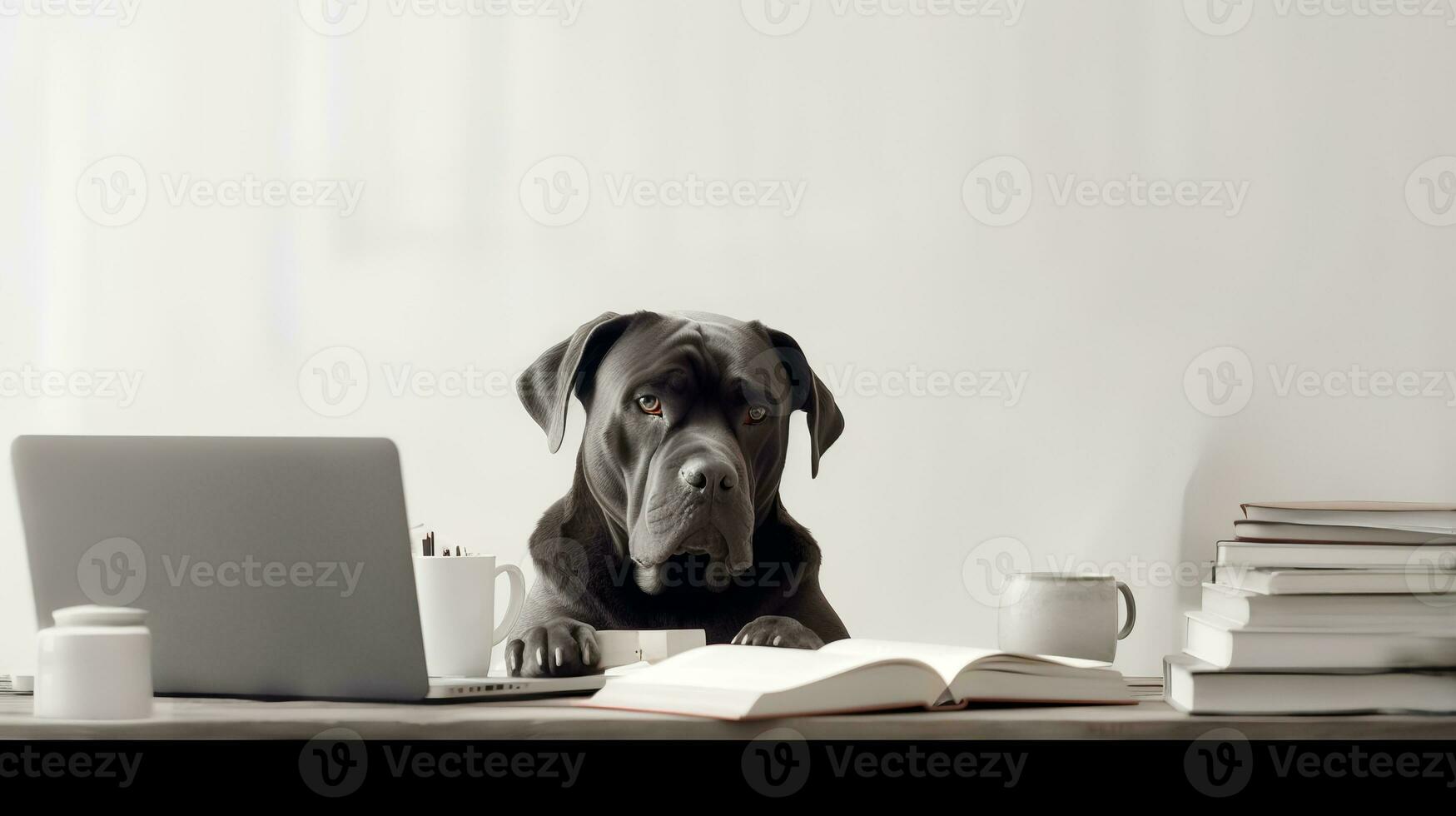 a rottweiler dog in a sweater sits studying accompanied by a cup and piles of books. Generative AI photo