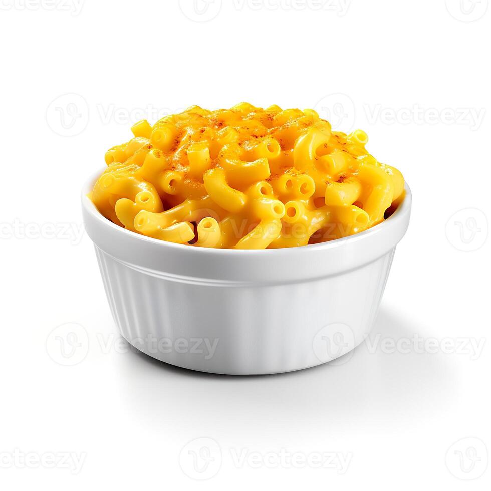 Food photography of Mac and Cheese on bowl isolated on white background. photo