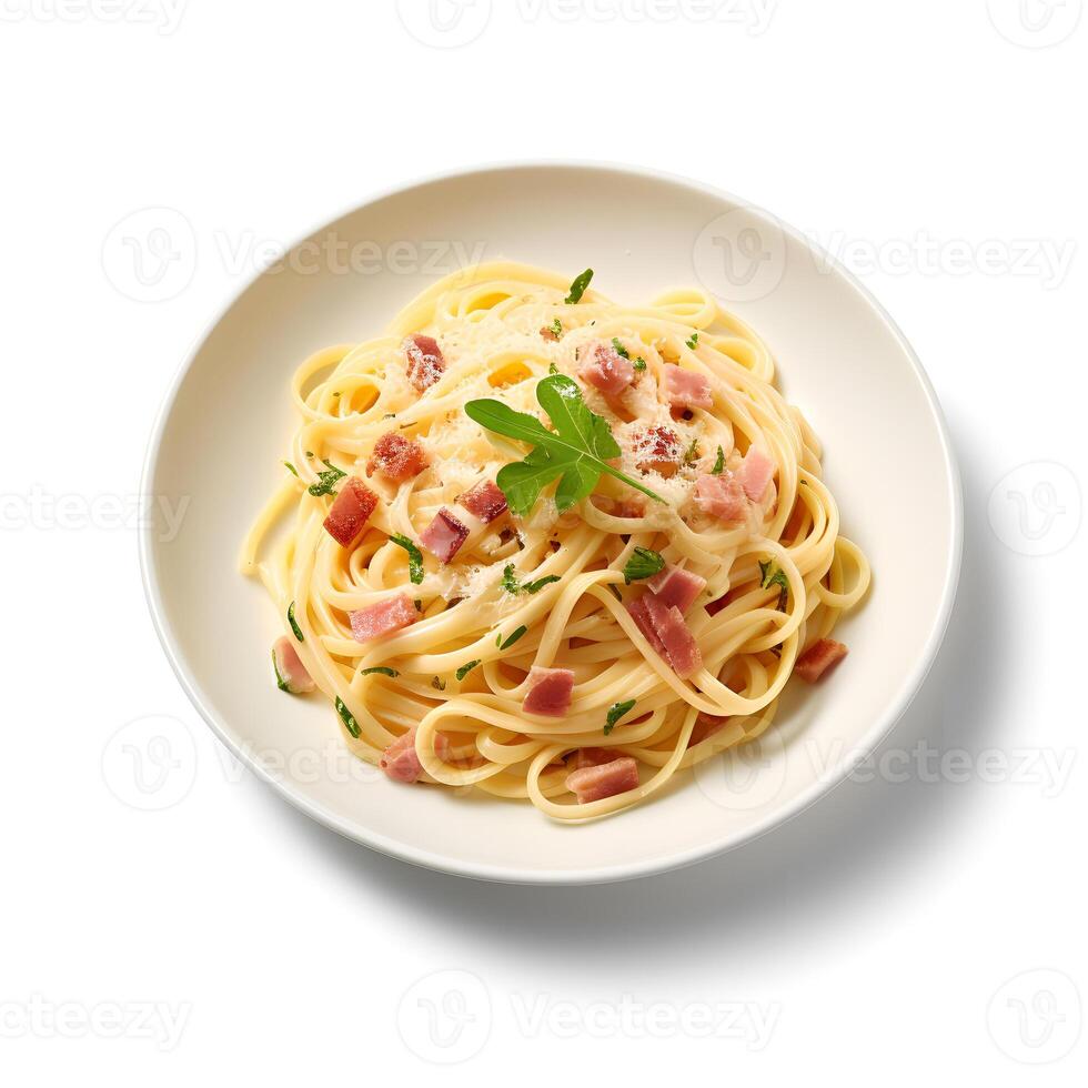 Photo of Fettuccine Carbonara on plate isolated on white background. Created by