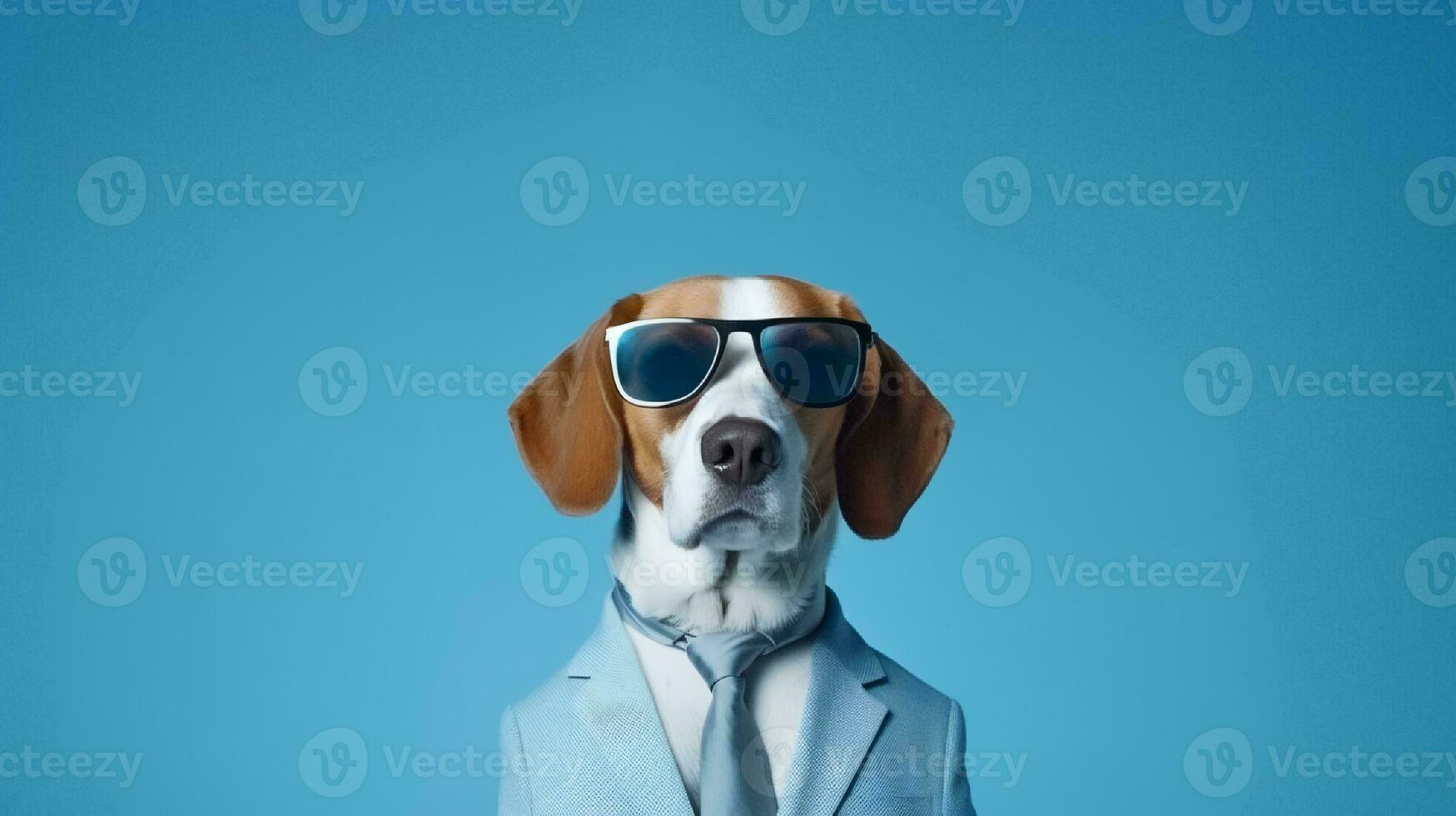 foto de arrogante beagle utilizando Gafas de sol y oficina traje en blanco antecedentes. generativo ai