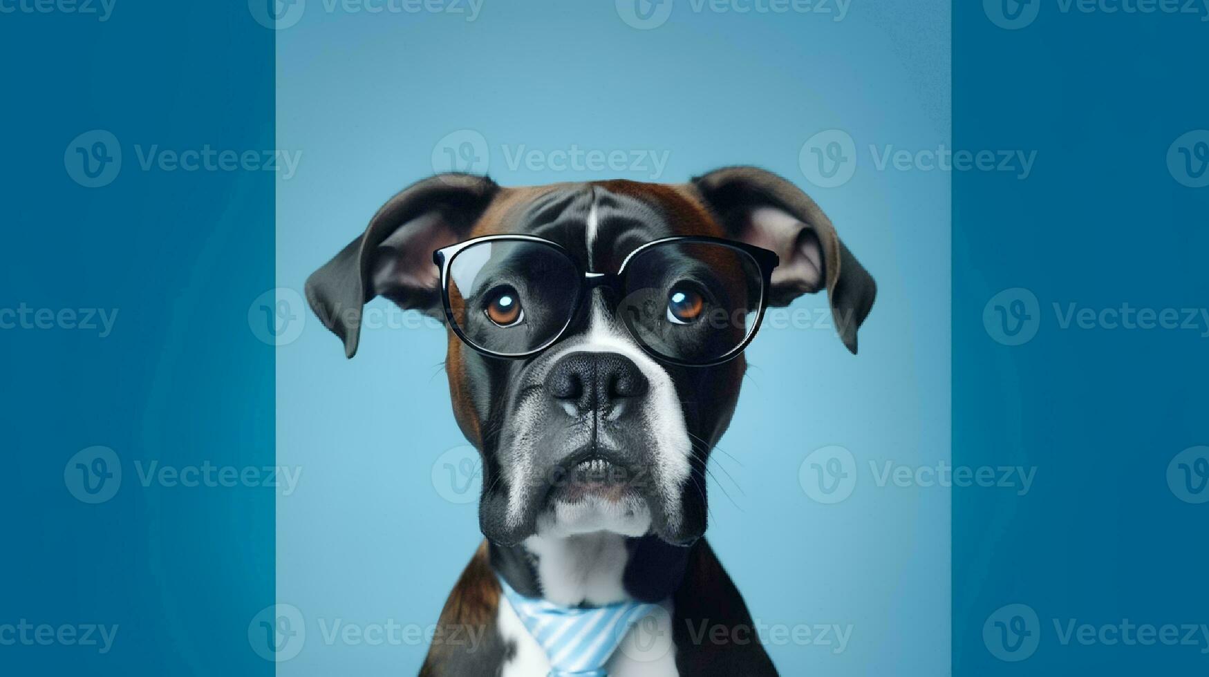 Boxer dog using glasses on blue background. Generative AI photo