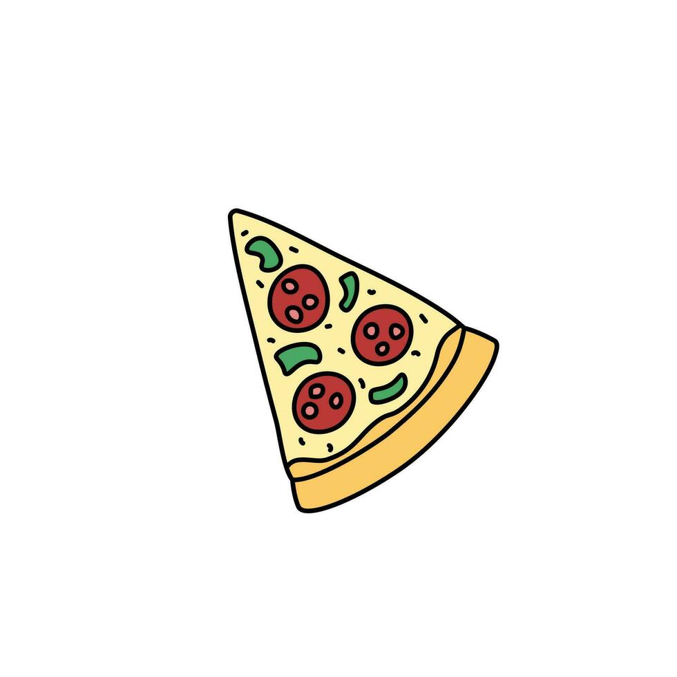 Pizza slice vector doodle element isolated. Outline illustration of fast food piece. Hand drawn cute colorful doodles