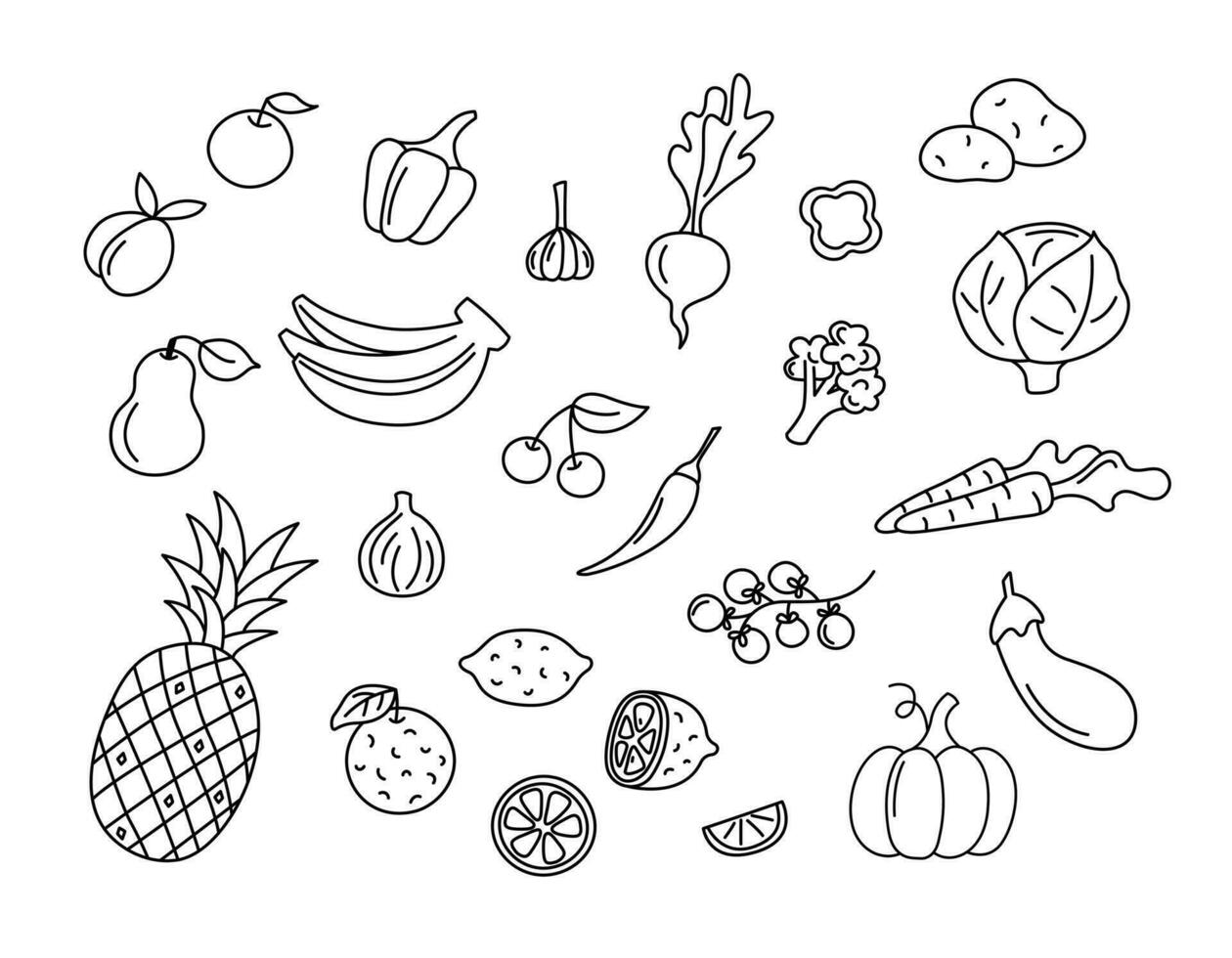 Fruits and vegetables vector doodles set. Raw food elements isolated black on white background. Hand drawn outline illustration of pineapple, bananas, pumpkin and carrots.