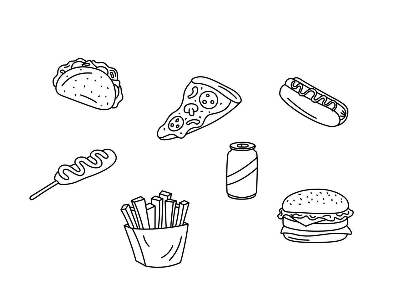 Fast food vector doodles set. Fastfood elements isolated black on white background. Hand drawn outline illustration of hot dog, fries, cheeseburger, taco, pizza. Canned carbonated drink and taco