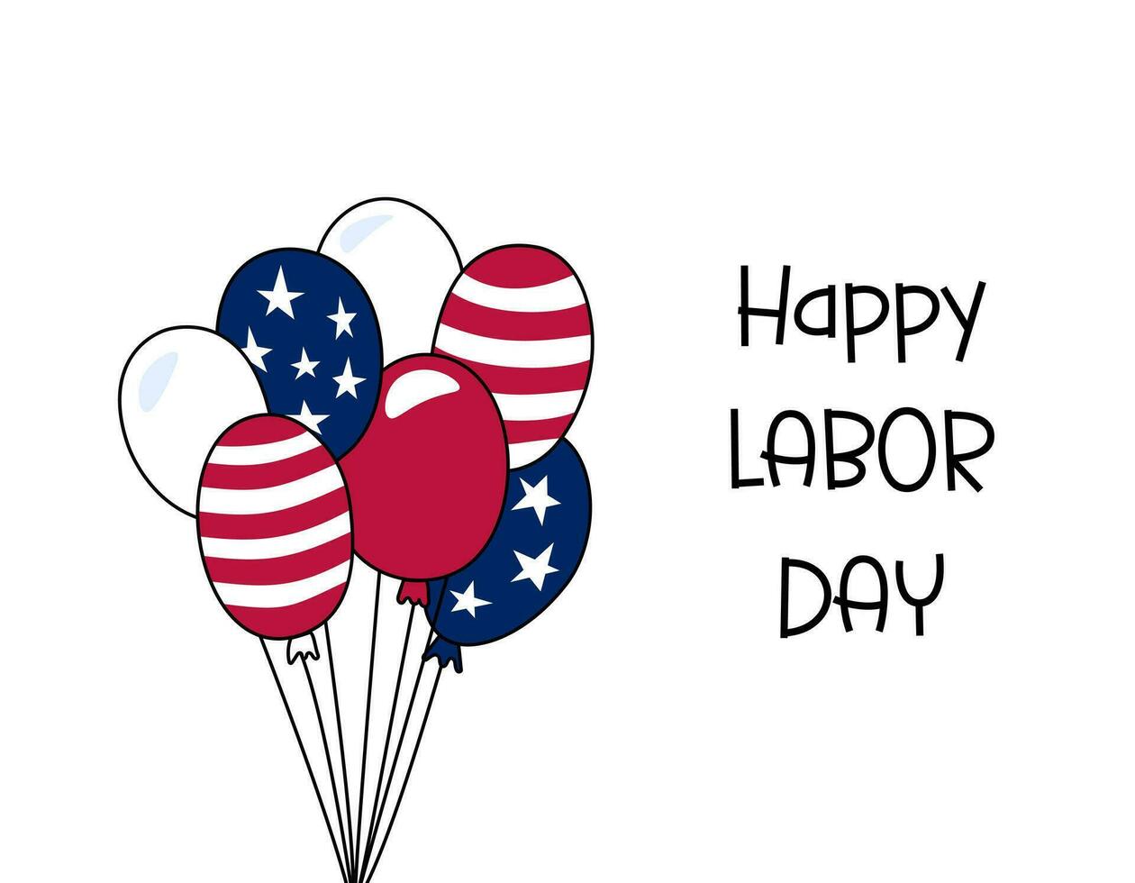 Happy Labor Day greeting card, poster, banner. American Labor Day celebration. Text and doodle balloons in colors of USA flag. Vector illustration