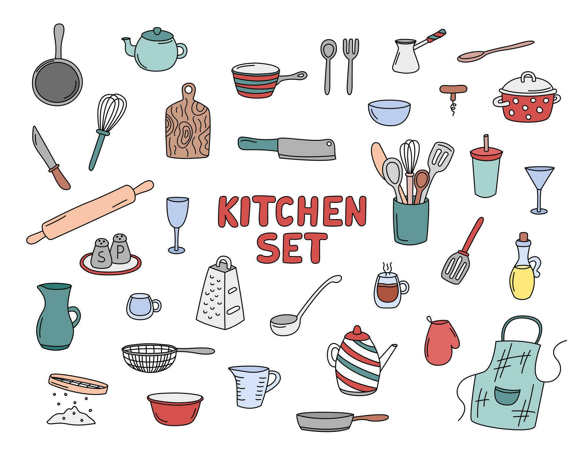 Kitchen doodles vector set of isolated elements. Cute doodle