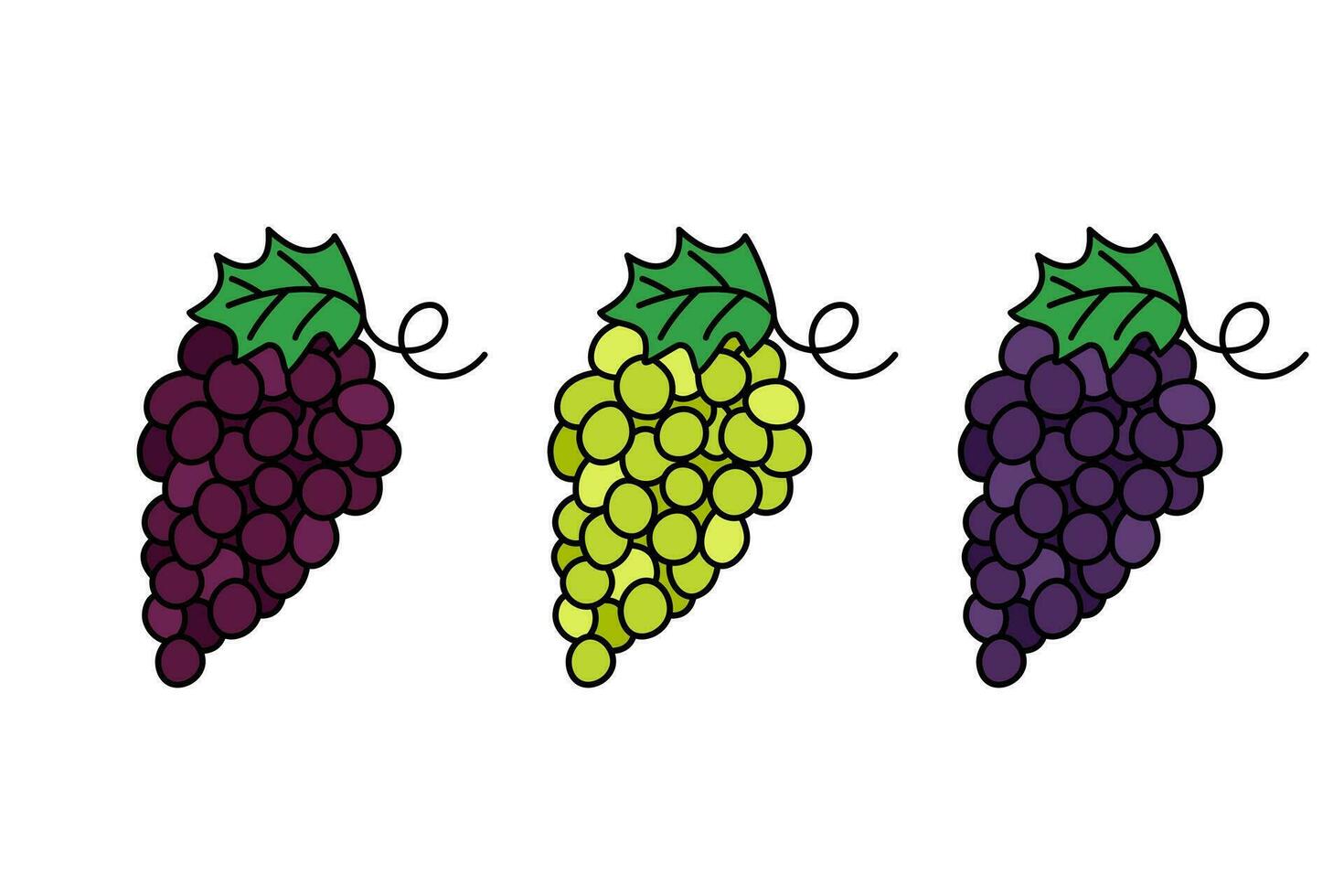 Grape bunch doodles set. Wine and table grapes clusters. Various elements isolated. Vector outline illustration. Hand drawn cute doodles