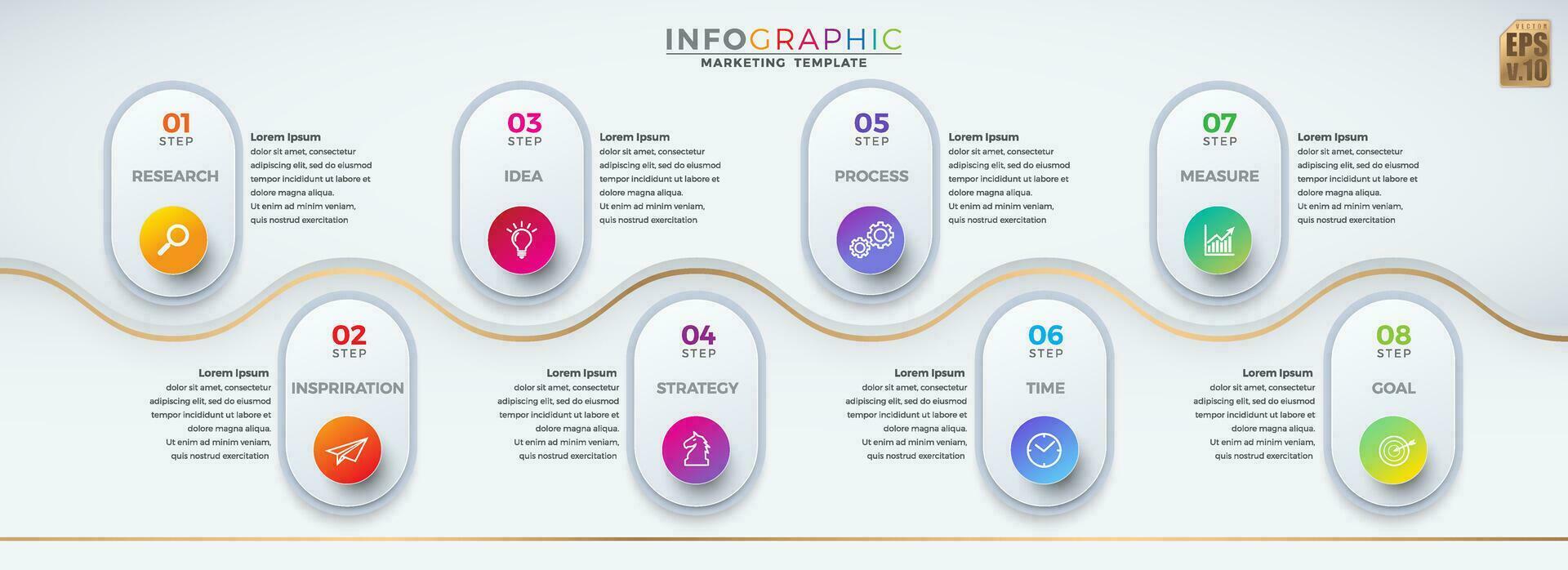 Infographic vector business marketing template colorful design circle icons 8 options isolated in minimal style. You can used for Marketing process, workflow presentations layout, flow chart, print ad