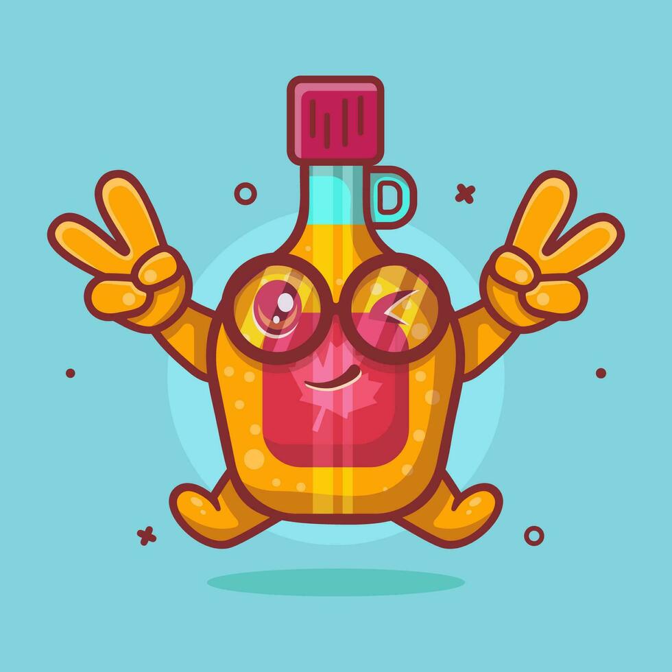 alegre arce jarabe botella personaje mascota con paz firmar mano gesto aislado dibujos animados en plano estilo diseño vector