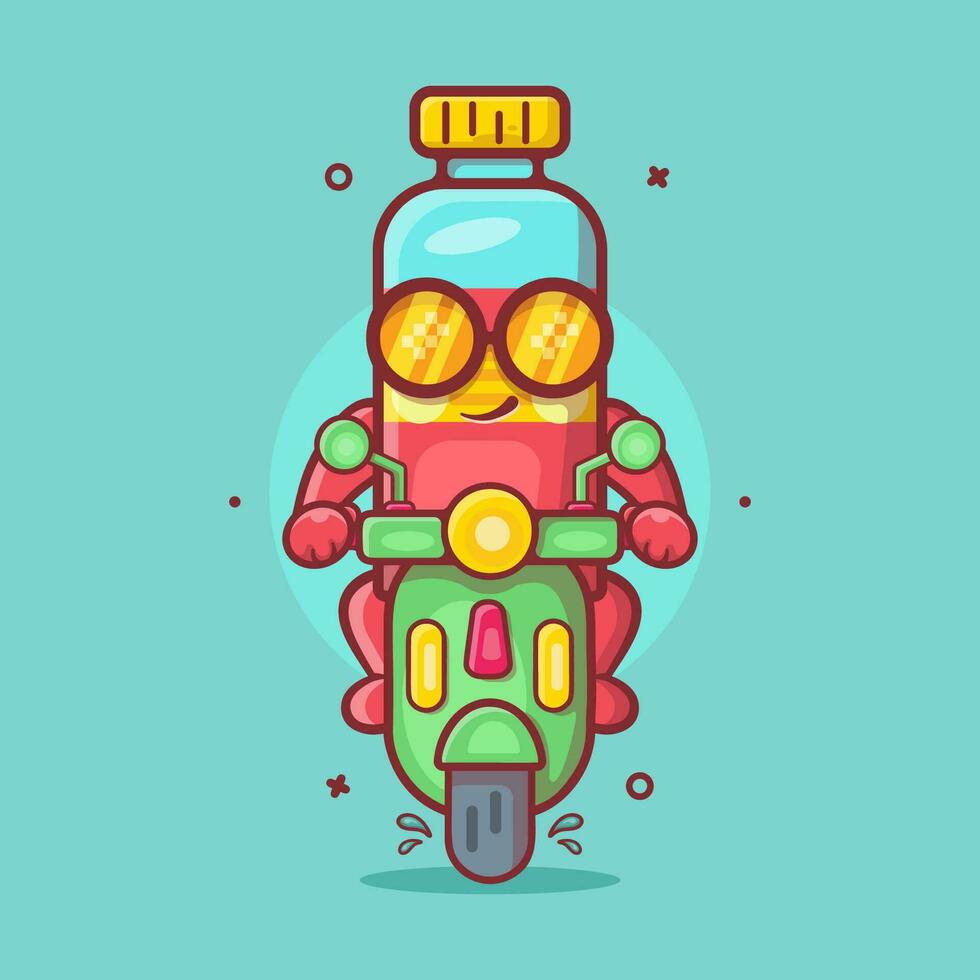 frio jugo botella personaje mascota montando scooter motocicleta aislado dibujos animados en plano estilo diseño vector