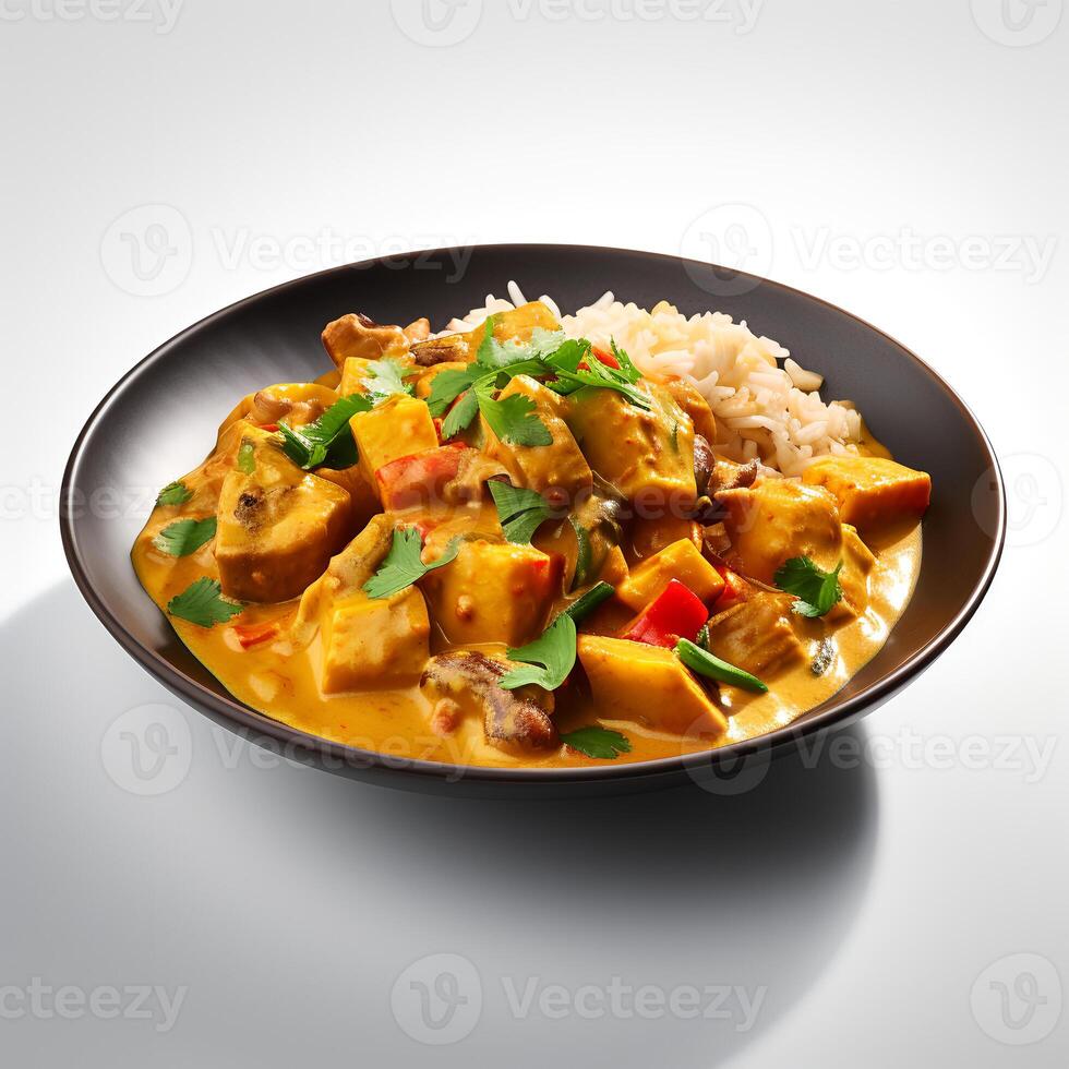 Photo of Curry on plate isolated on white background. Created by Generative AI