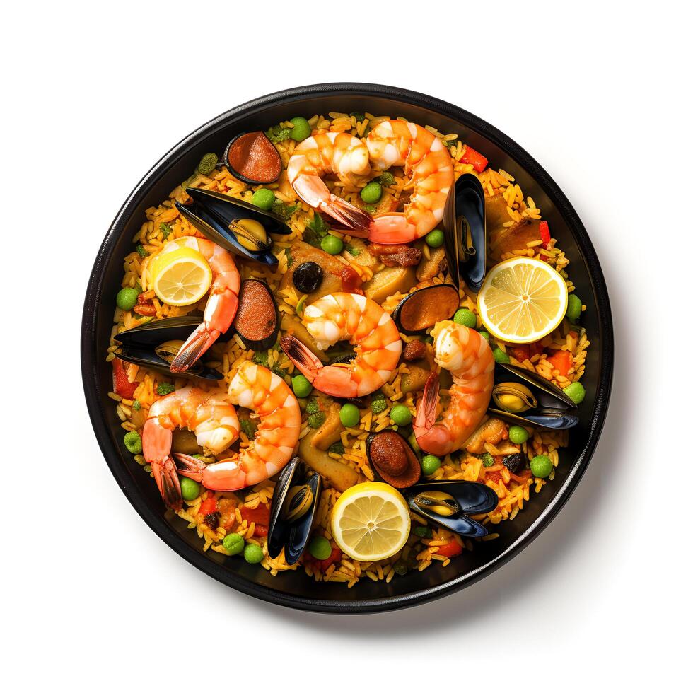 Food photography of Paella on plate isolated on white background. photo