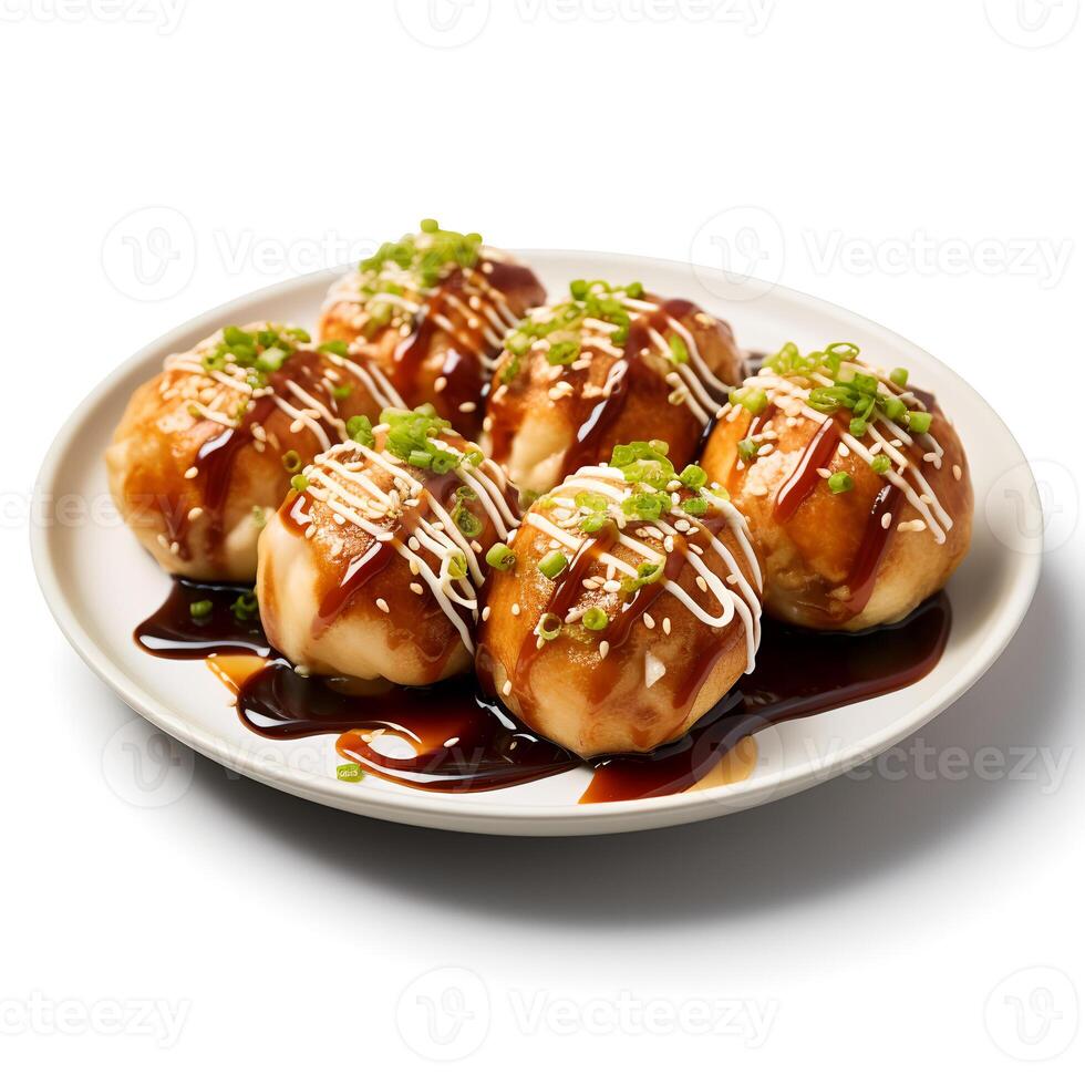 Food photography of takoyaki on plate isolated on white background. photo