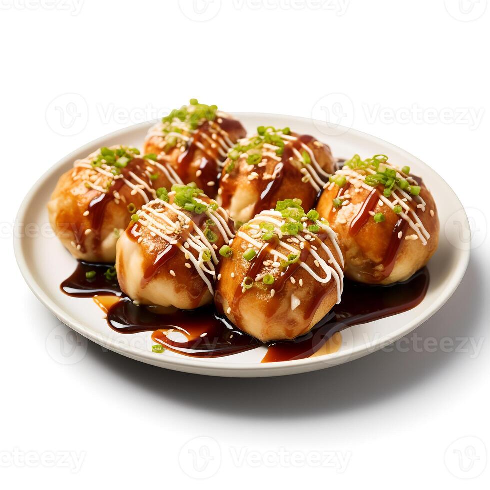 comida fotografía de takoyaki en plato aislado en blanco antecedentes. generativo ai foto